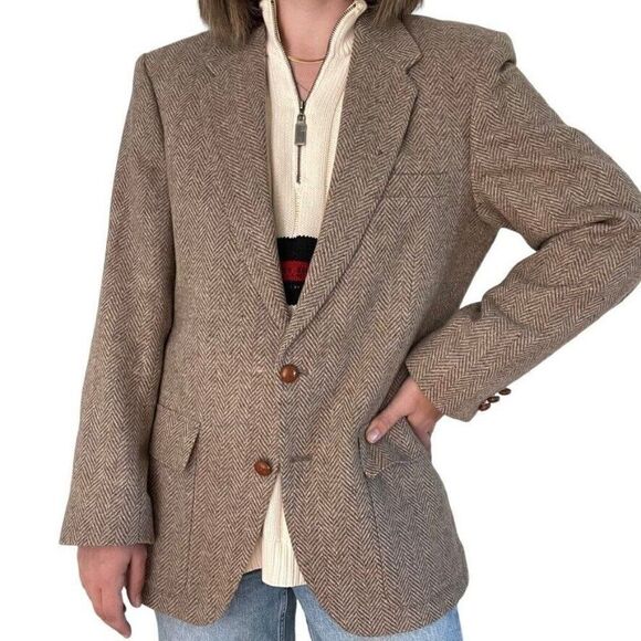 Farah Tan Brown Wool Herringbone Equestrian Preppy Sport Coat Blazer 40R - Picture 1 of 9